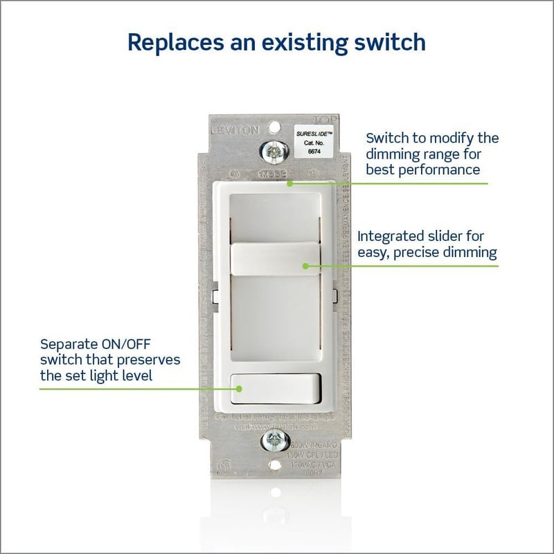 Leviton SureSlide Dimmer Switch for Dimmable LED, Halogen and Incandescent Bulbs, 6674-P0W, White (Pack of 12) - Image 2
